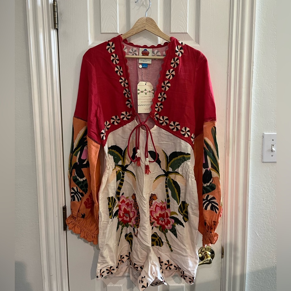 Anthropologie Red and Orange Embroidered Romper